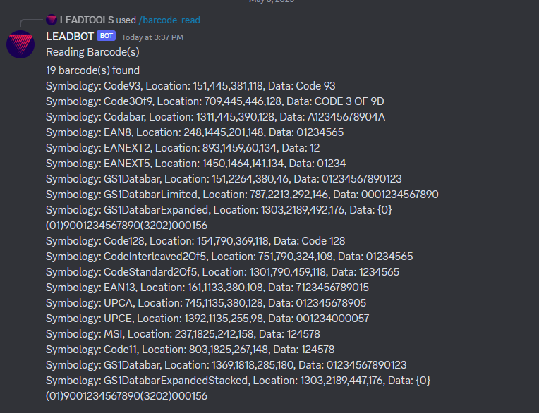 output from the barcode-read command