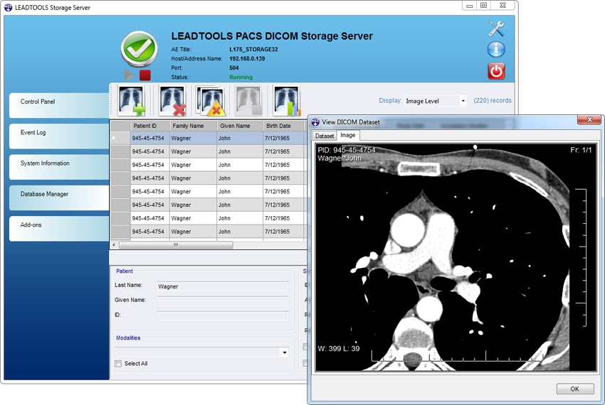PACS DICOM Storage Server Application Screenshot