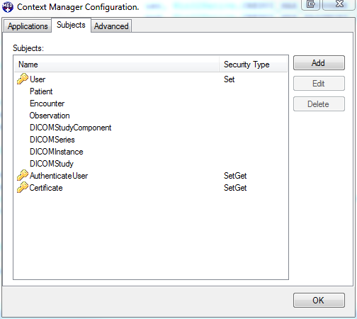 CCOW Context Manager Configuration Subject Tab