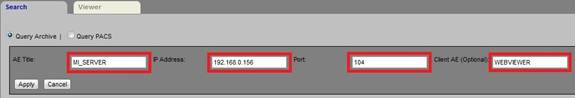 Fields for connecting to a PACS Server