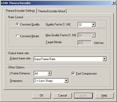 LEAD Theora Encoder User Inteface LEAD Theora Encoder property page
