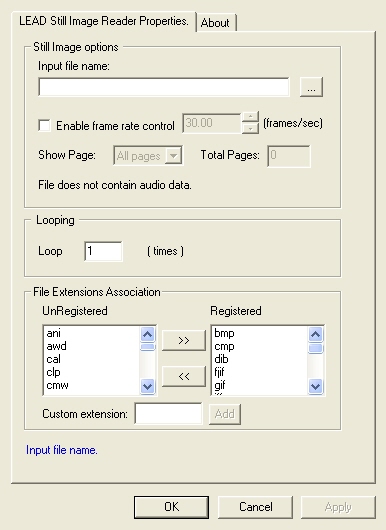 Still Image Reader property page Still Image Reader property page