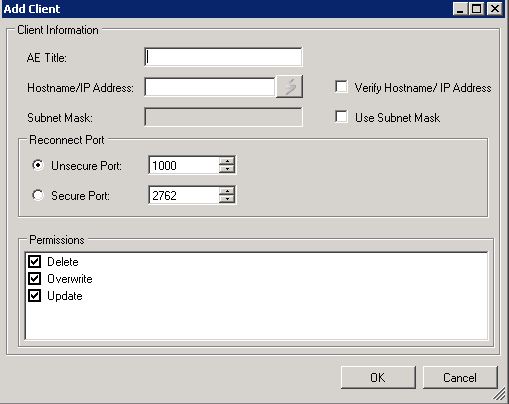 Storage Server Dicom Server Add Client Dialog Storage Server Dicom Server Add Client Dialog