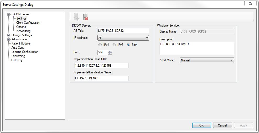 Storage Server DICOM Server Settings Page Storage Server DICOM Server Settings Page