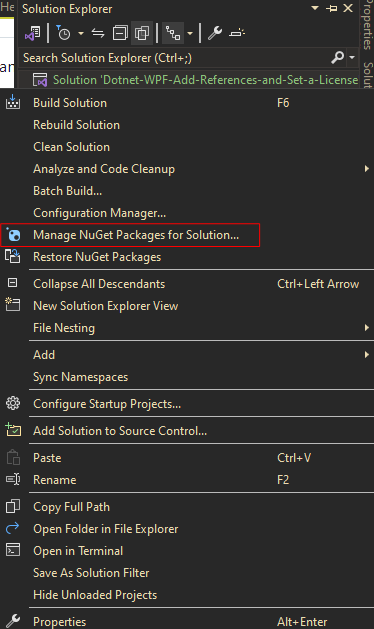 Selecting Manage NuGet Packages.