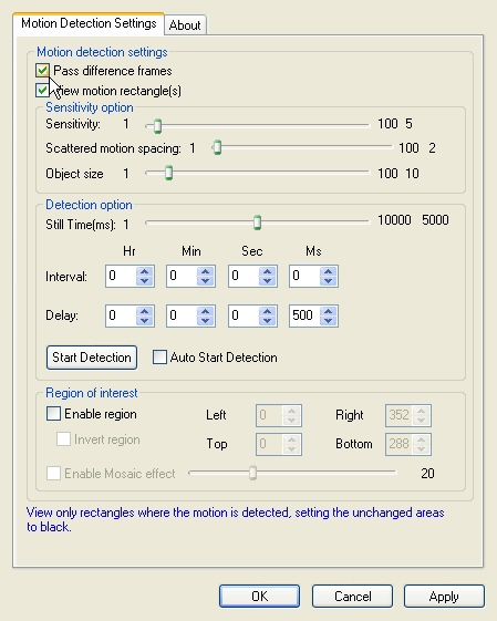 Video Motion Detection Filter property page