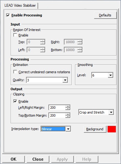 Video Stabilizer Filter property page