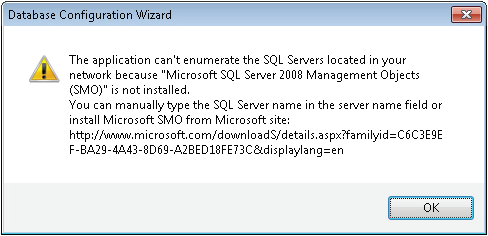 Database Configuration Wizard Message Box