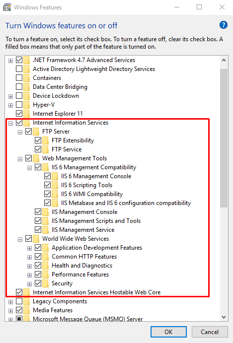 Windows Features Internet Information Services Selections