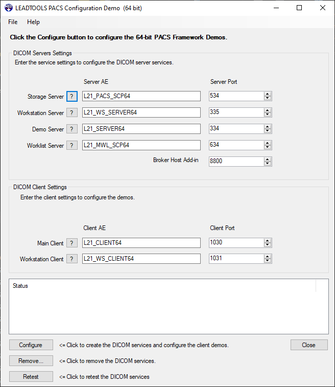 LEADTOOLS PACS Configuration Demo Dialog Box