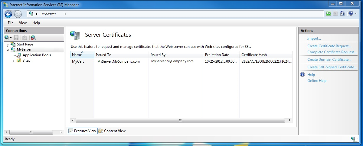The Server Certificates Features View