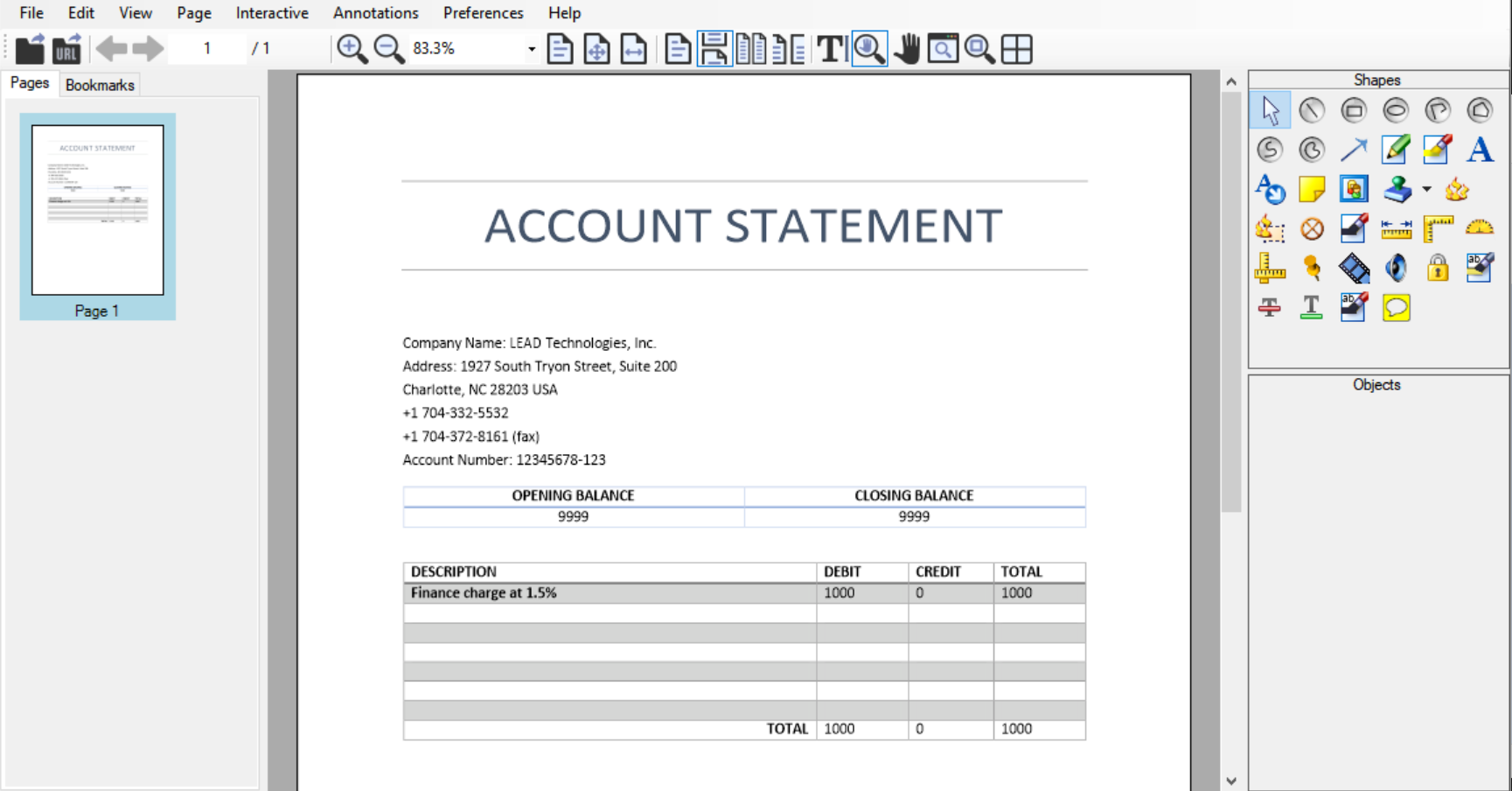A loaded account balance PDF file