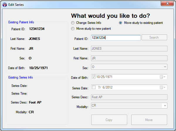 Patient Updater Edit Series Move Study to an Existing Patient