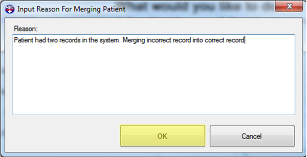 Patient Updater Patient Merge Reason OK Button