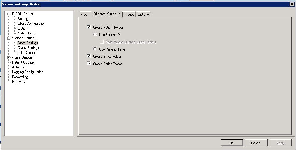 DICOM Server Settings Directory Structure Tab