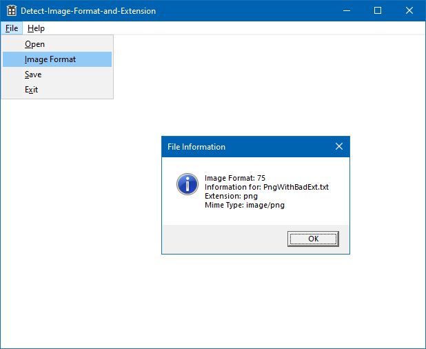 The application runs and a message displays the extension information from the selected image file.