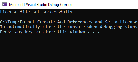 Viewing console message that indicates license is set successfully