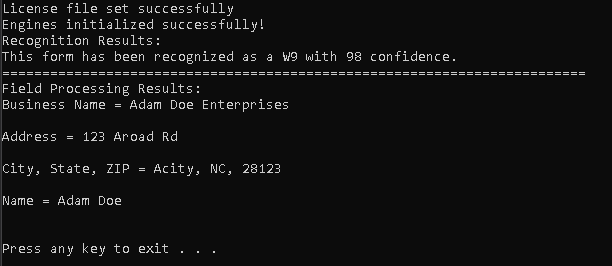 The console displays the recognized form and the processed results from the filled form.