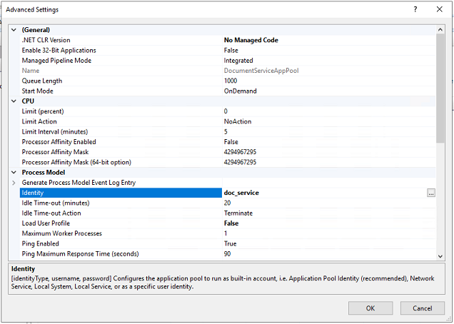 Application pool advanced settings