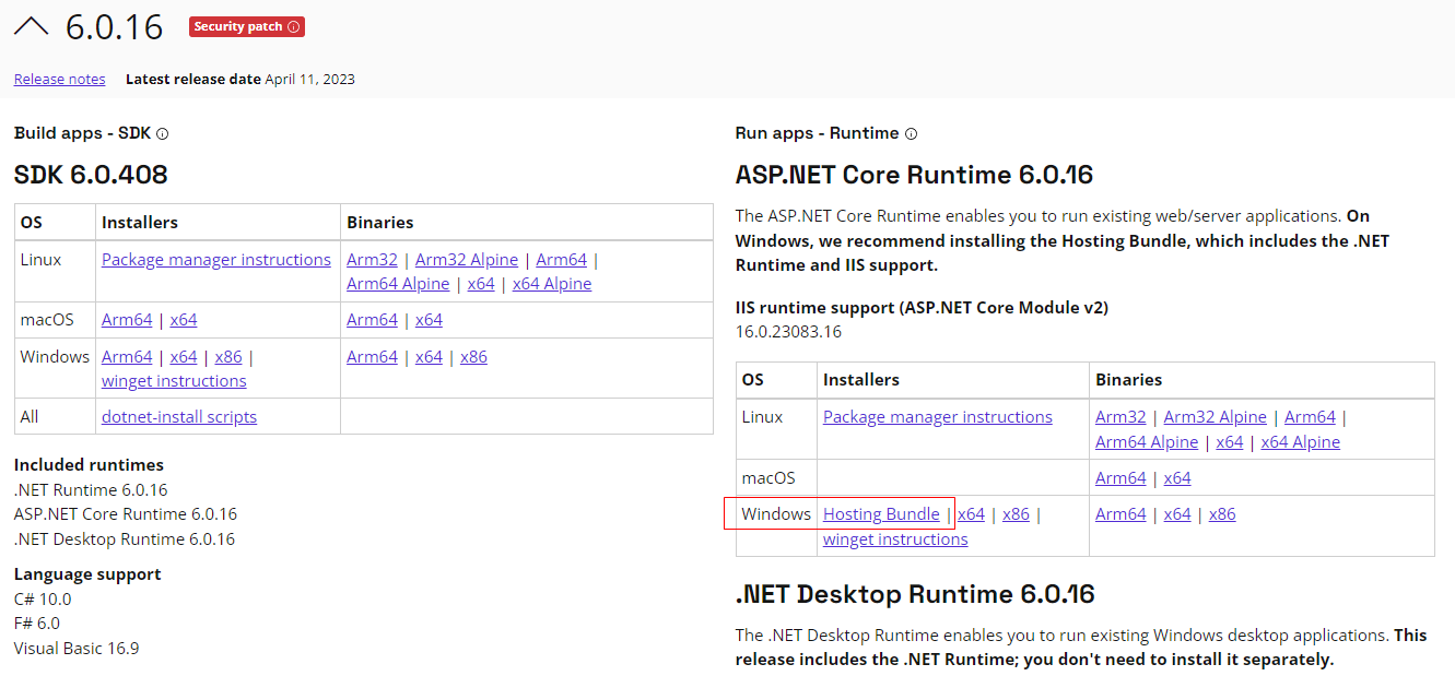 ASP.NET 6 install page