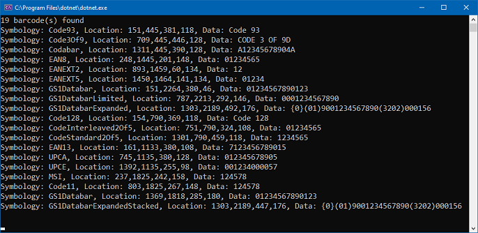 The application runs and the console detects the barcodes and displays the extracted information