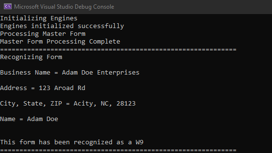 Recognition and Processing results displayed to the console.