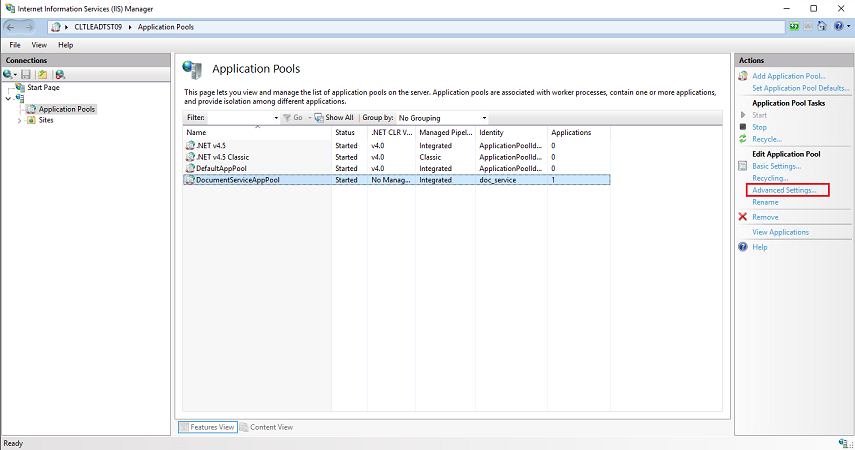 Application pool advanced setting menu option