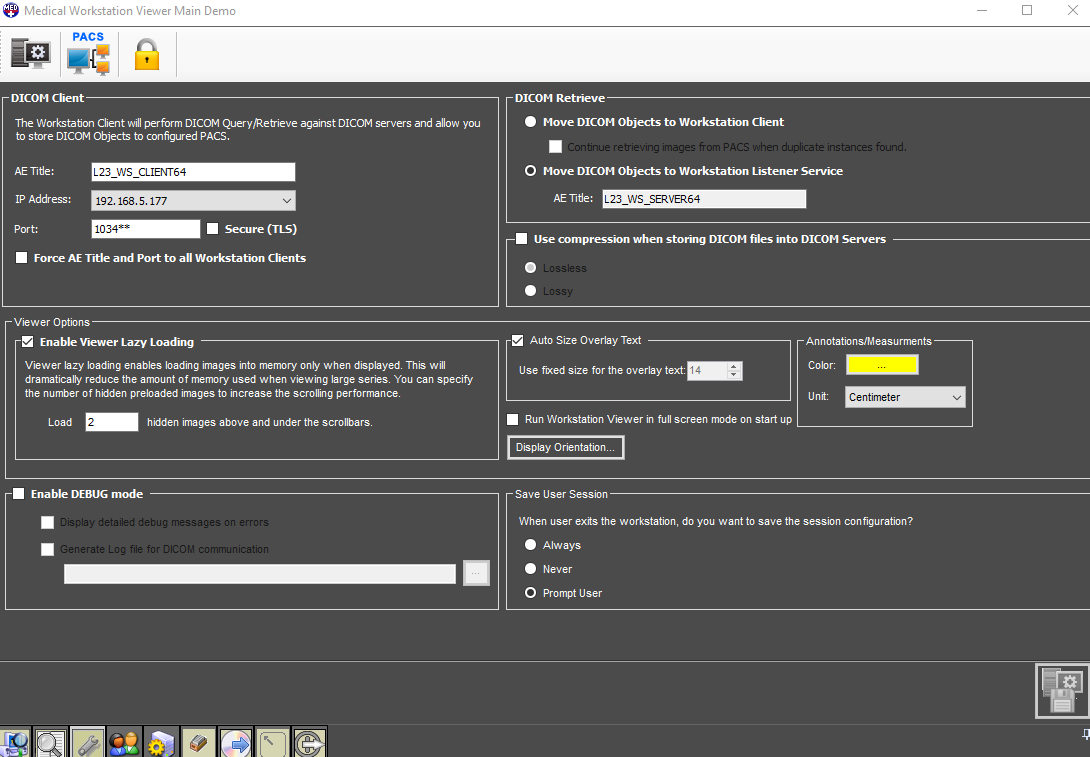Screenshot of the Workstation Viewer PACS Configuration Window