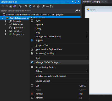 Selecting Manage NuGet Packages.