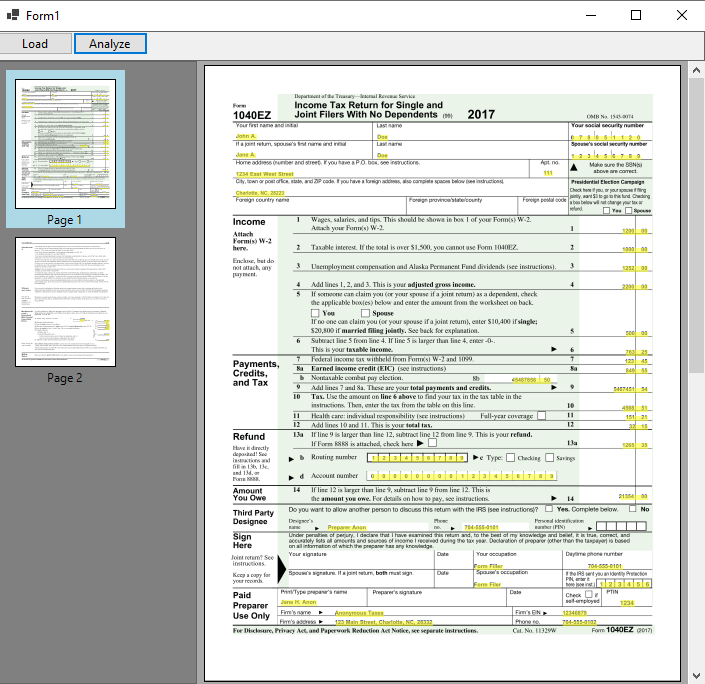 Highlighted Results from the DocumentAnalyzer