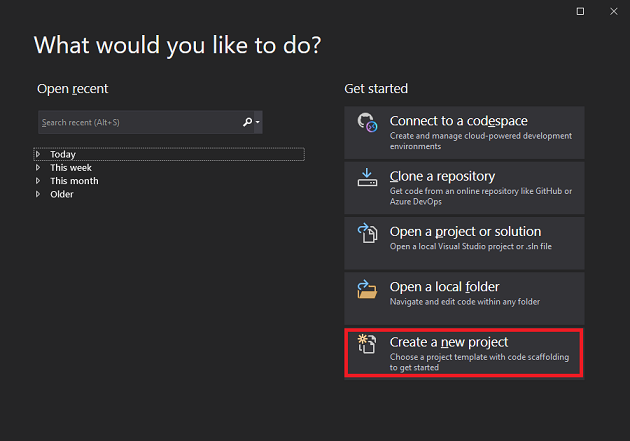 Creating a new Visual Studio project.