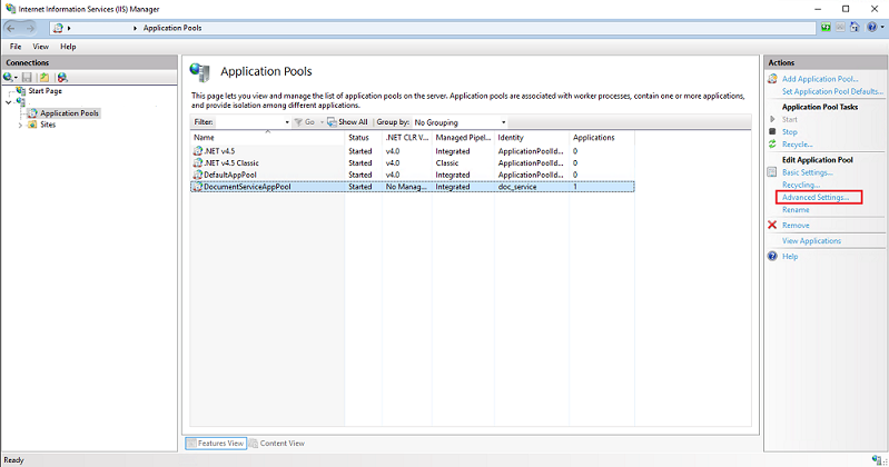 Application pool advanced settings menu option