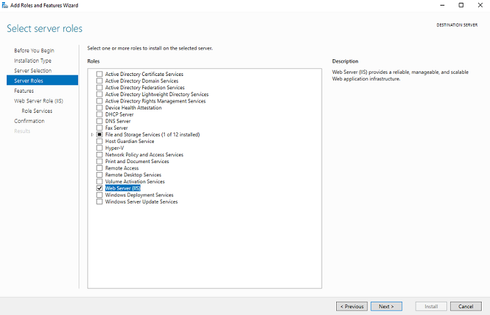 Server roles with web server IIS selected