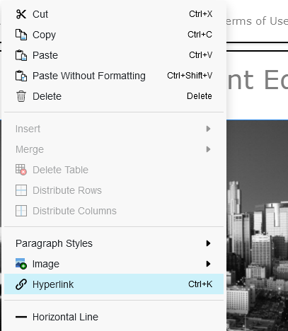 Add in a hyperlink to the document from right-clicking the selected area.