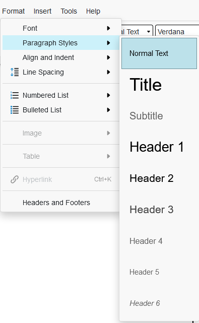 Screenshot of Paragraph Styles dropdown menu.