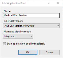 Add application pool dialog box with settings