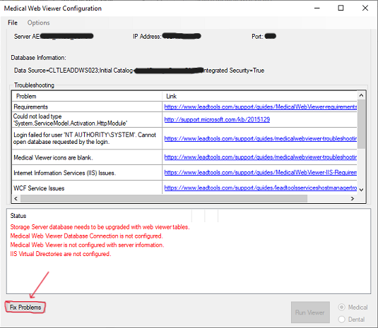 Medical Web Viewer configuration dialog box.