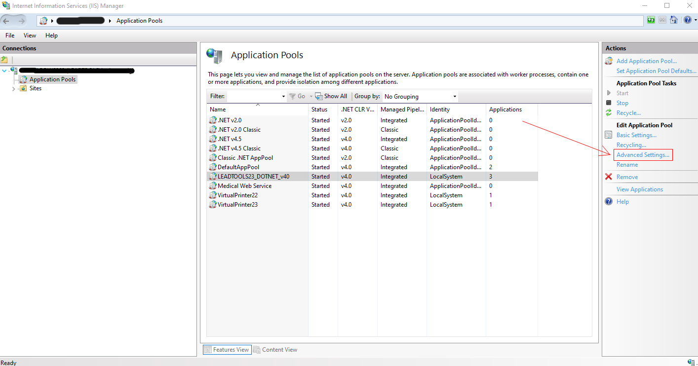 IIS manager application pools advanced settings.