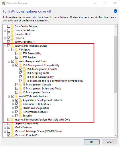 Windows features internet information services settings.