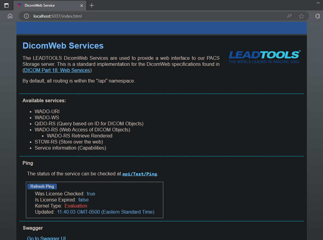 Dicom Web Service Status Page