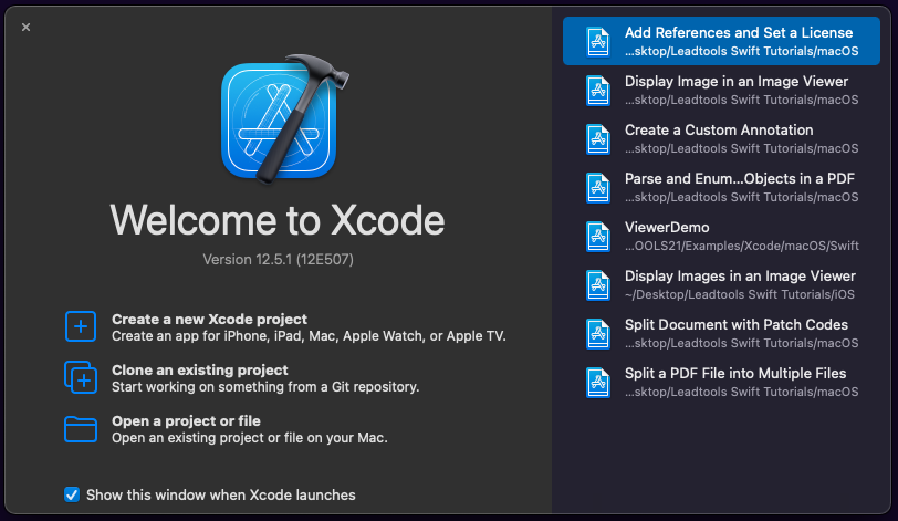 Screenshot of Xcode launch screen.