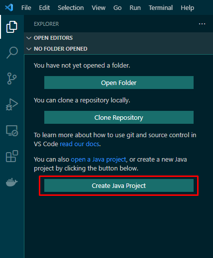 Screenshot of where to click to create the Java project.