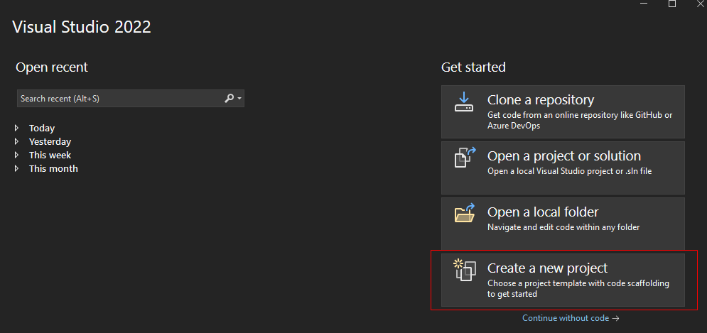 Launching Visual Studio and selecting a new project