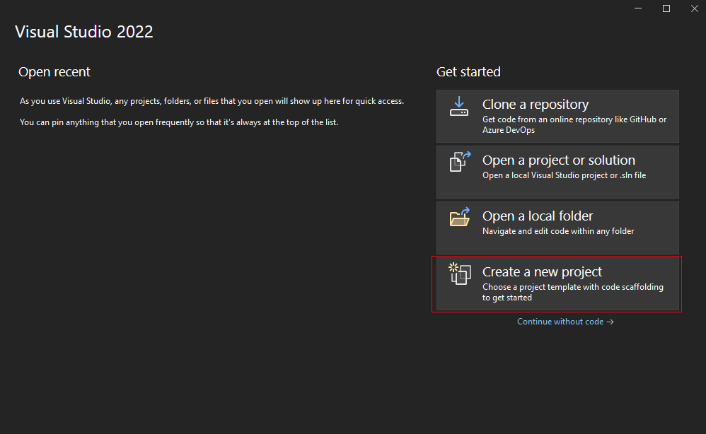 Launching Visual Studio and selecting a new project