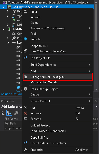 Selecting Manage NuGet Packages