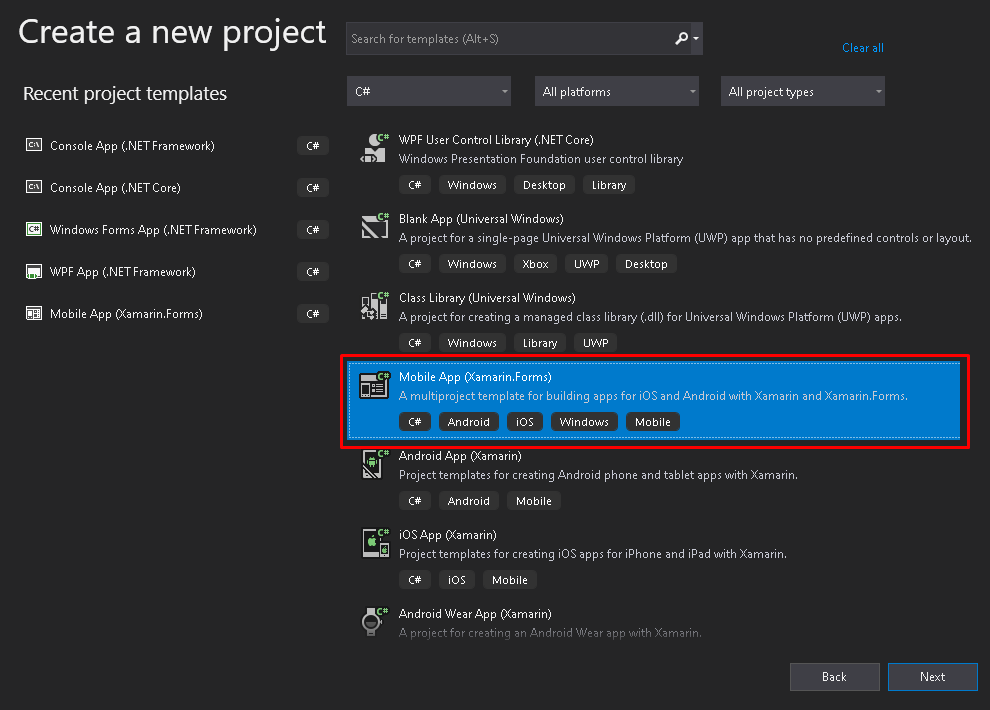Select Mobile App Xamarin.Forms and click Next