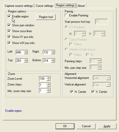 LEAD Screen Capture Filter Region settings tab