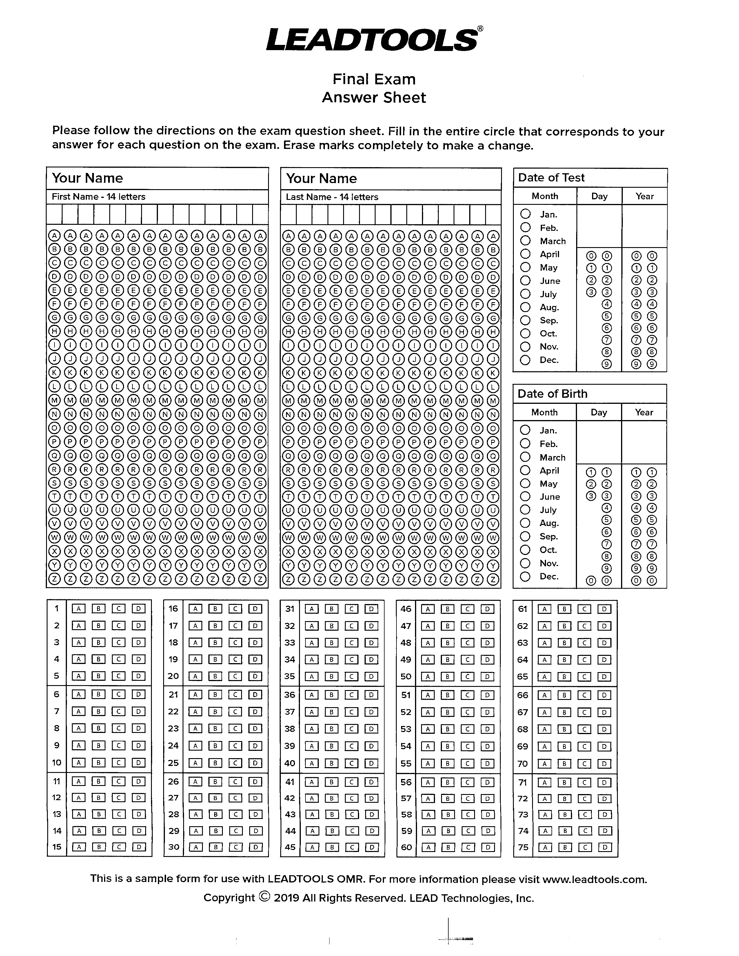 sample test bubble form exam