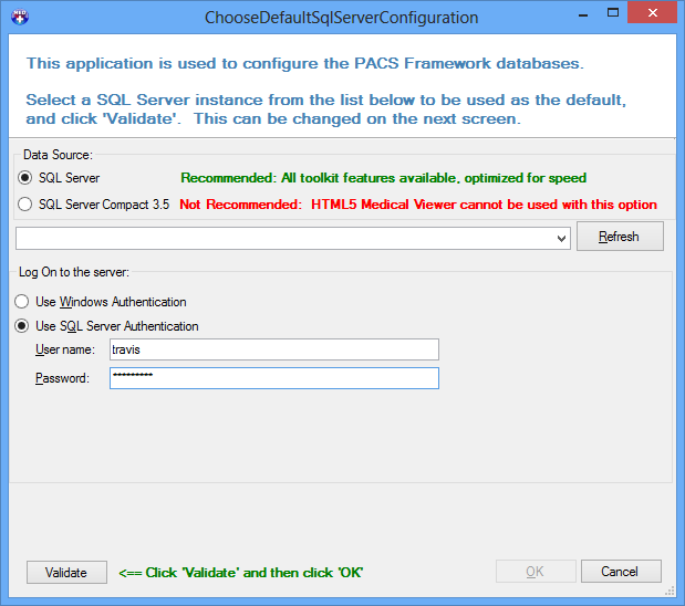 Choose Default SQL Server Configuration Dialog Box