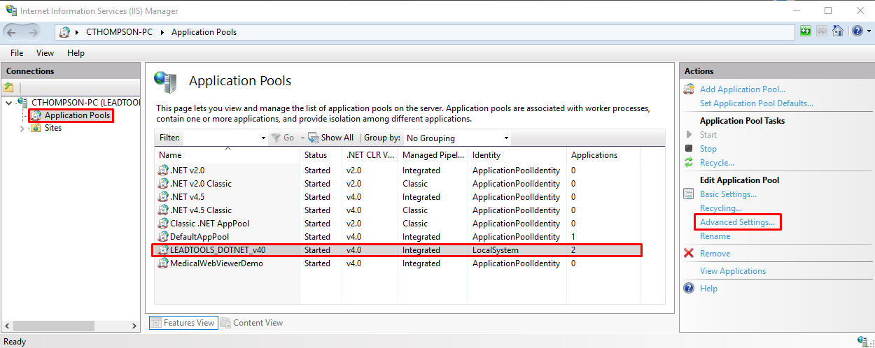 IIS Manager Advanced Settings